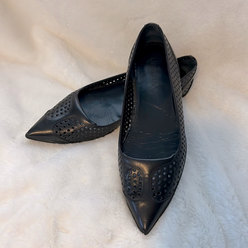 Prada perforated rubber sole pointed toe flats